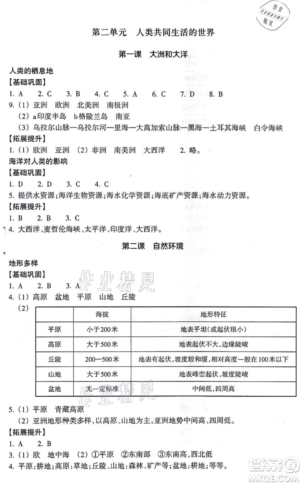 浙江教育出版社2021歷史與社會作業(yè)本七年級地理上冊人教版答案