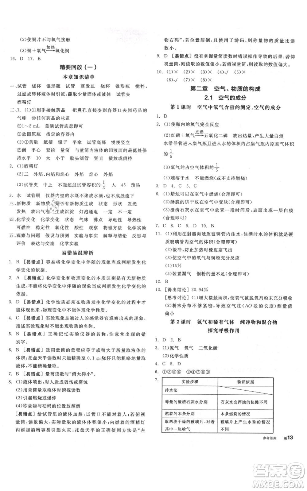 陽(yáng)光出版社2021全品作業(yè)本九年級(jí)上冊(cè)化學(xué)科粵版參考答案