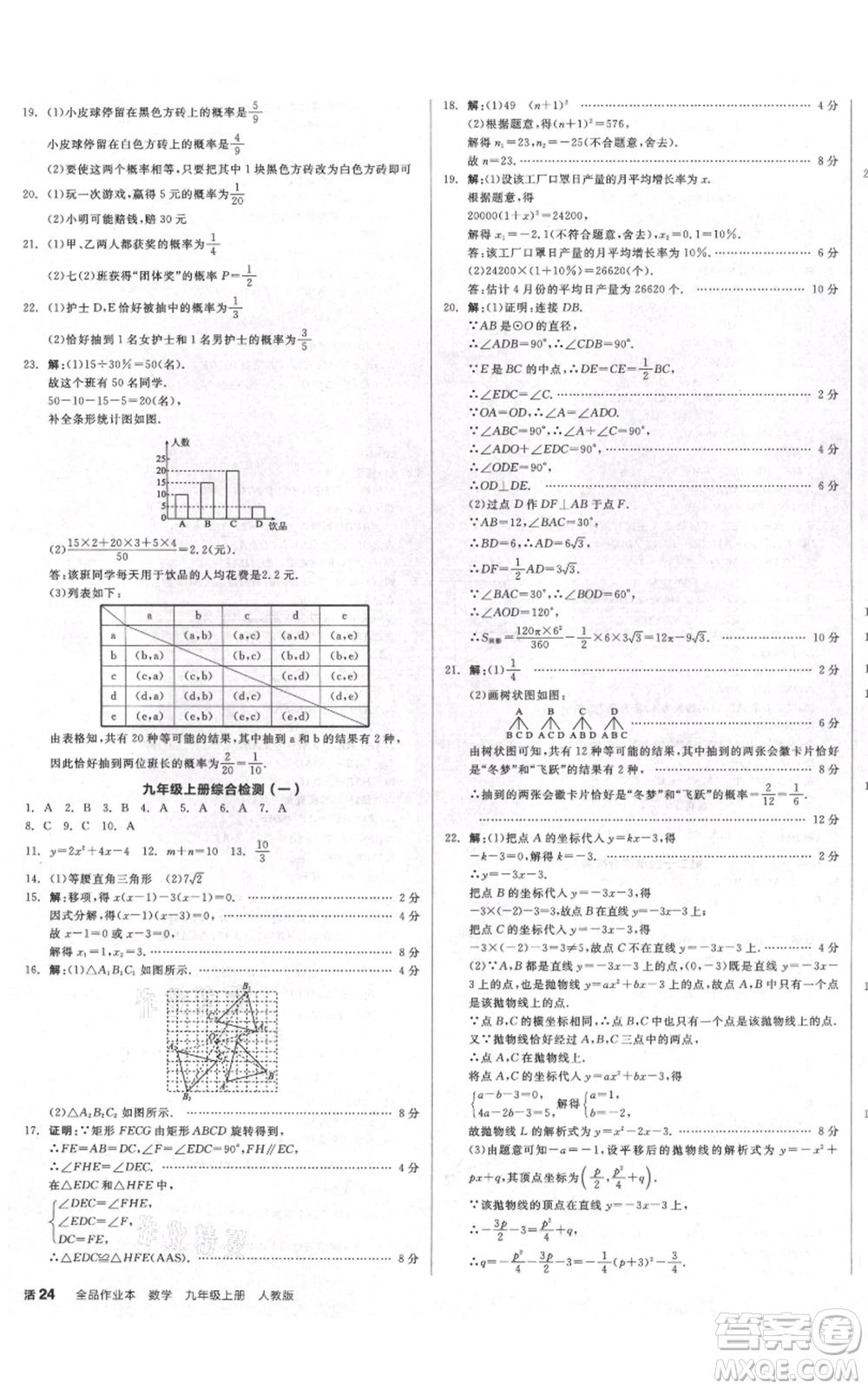 延邊教育出版社2021全品作業(yè)本九年級(jí)上冊(cè)數(shù)學(xué)人教版安徽專版參考答案