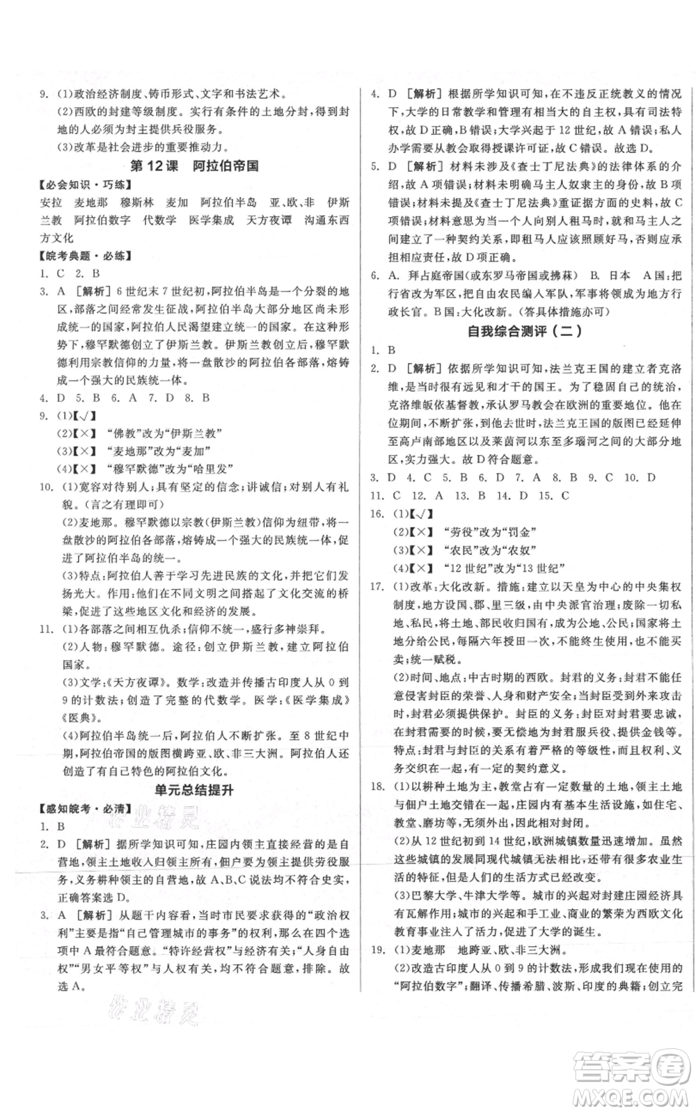 陽光出版社2021全品作業(yè)本九年級(jí)上冊(cè)歷史人教版安徽專版參考答案