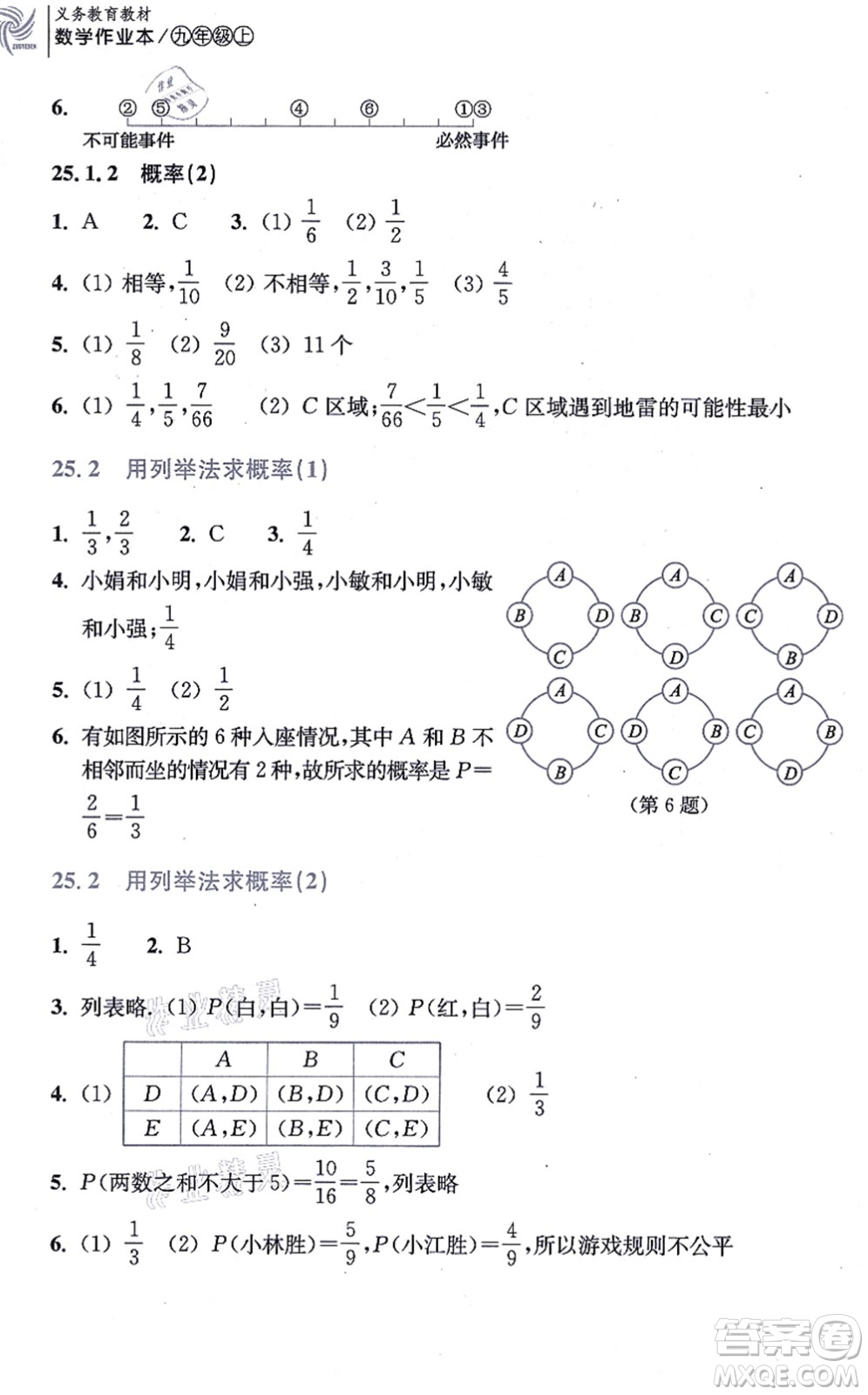 浙江教育出版社2021數(shù)學作業(yè)本九年級上冊人教版答案