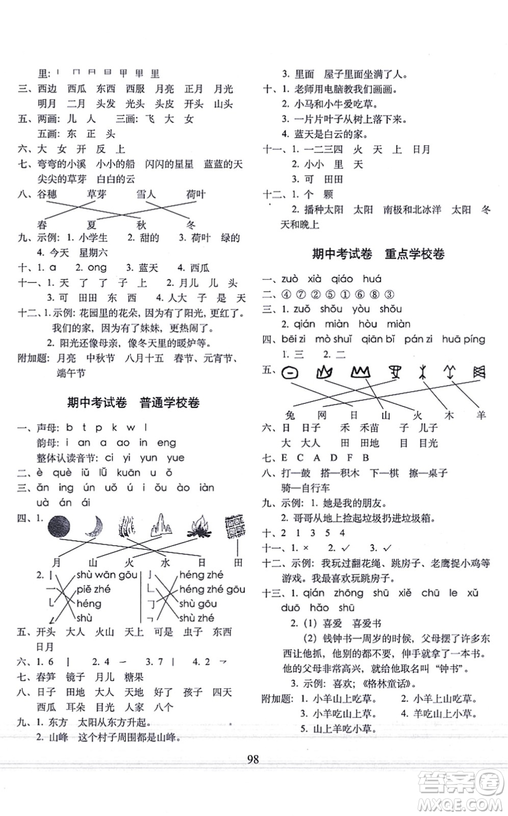 長春出版社2021期末沖刺100分完全試卷一年級語文上冊人教部編版答案