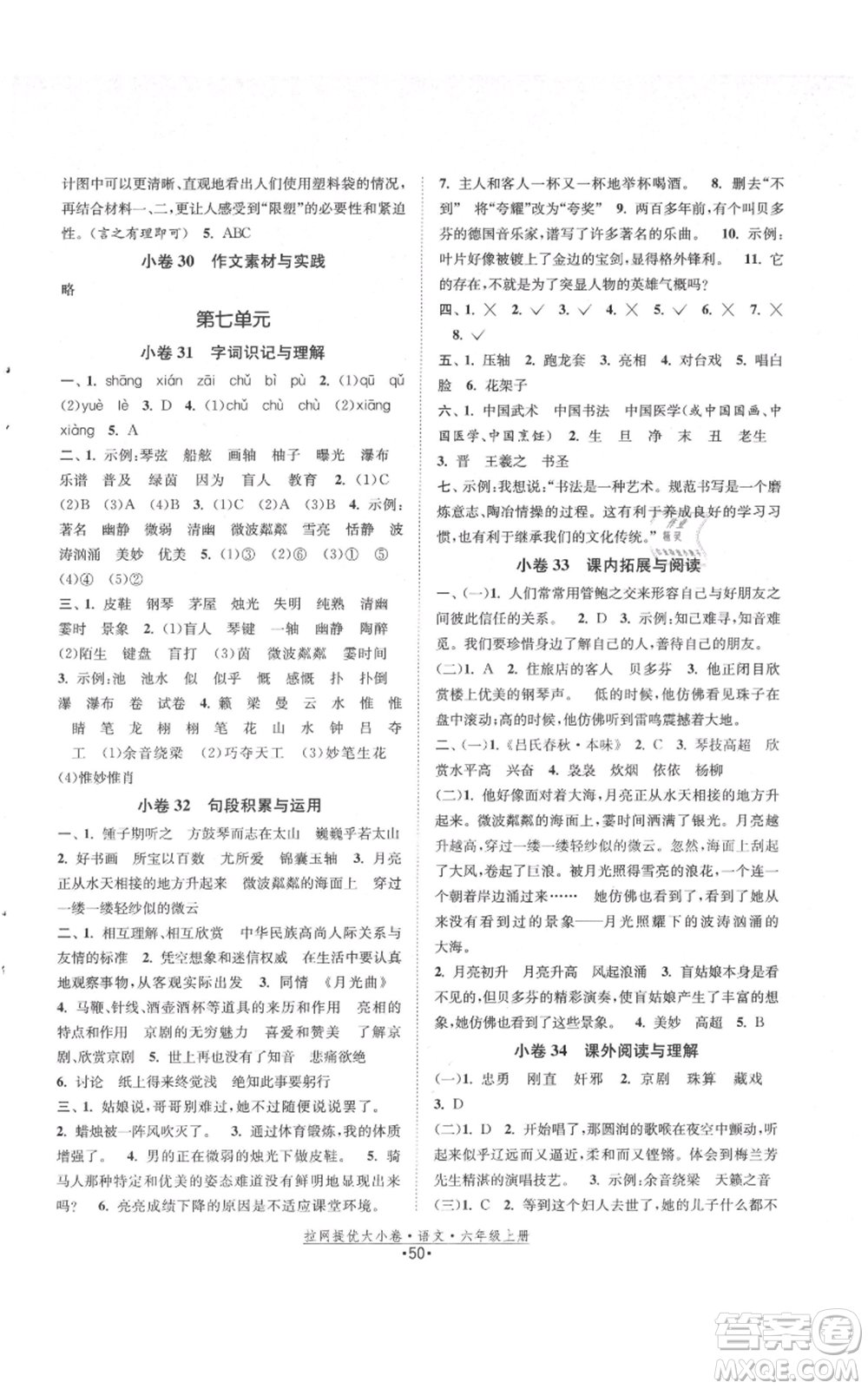 福建人民出版社2021拉網(wǎng)提優(yōu)大小卷六年級上冊語文人教版參考答案