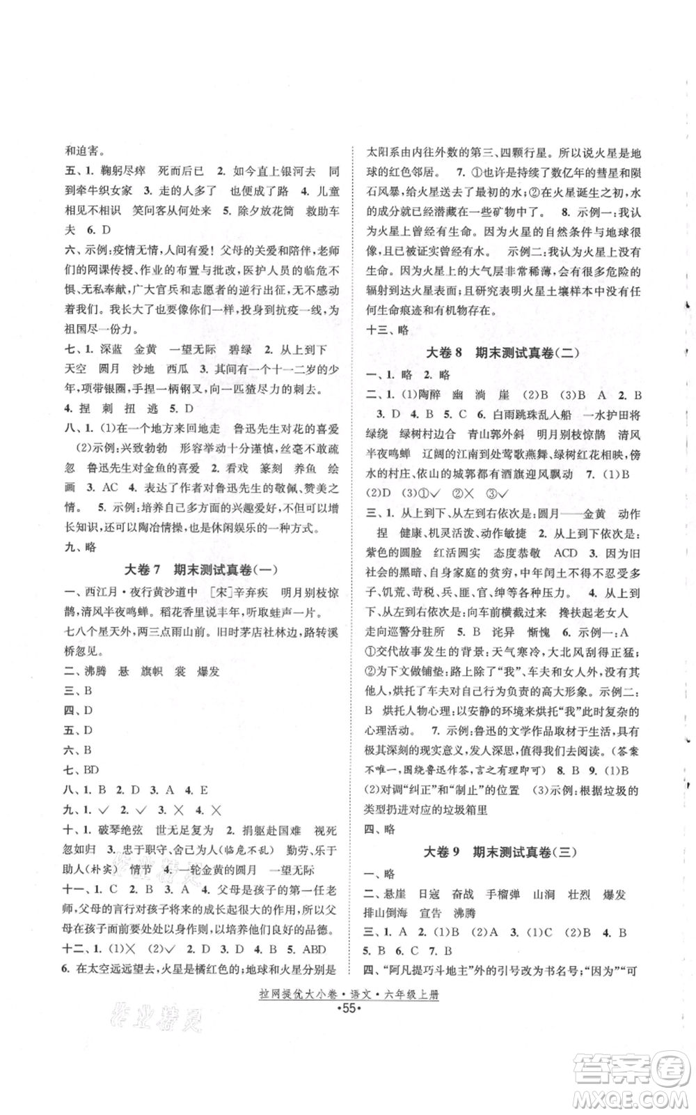 福建人民出版社2021拉網(wǎng)提優(yōu)大小卷六年級上冊語文人教版參考答案