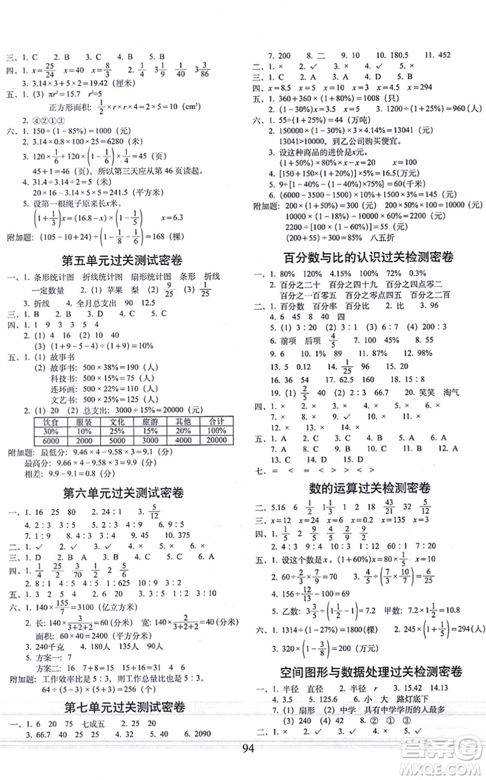 長(zhǎng)春出版社2021期末沖刺100分完全試卷六年級(jí)數(shù)學(xué)上冊(cè)BS北師版答案