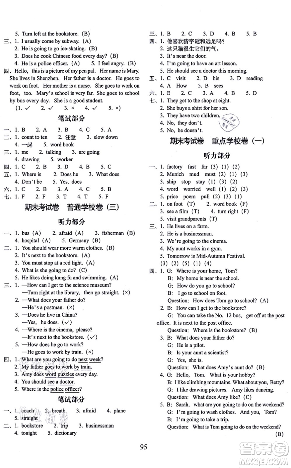 長(zhǎng)春出版社2021期末沖刺100分完全試卷六年級(jí)英語(yǔ)上冊(cè)人教PEP版答案