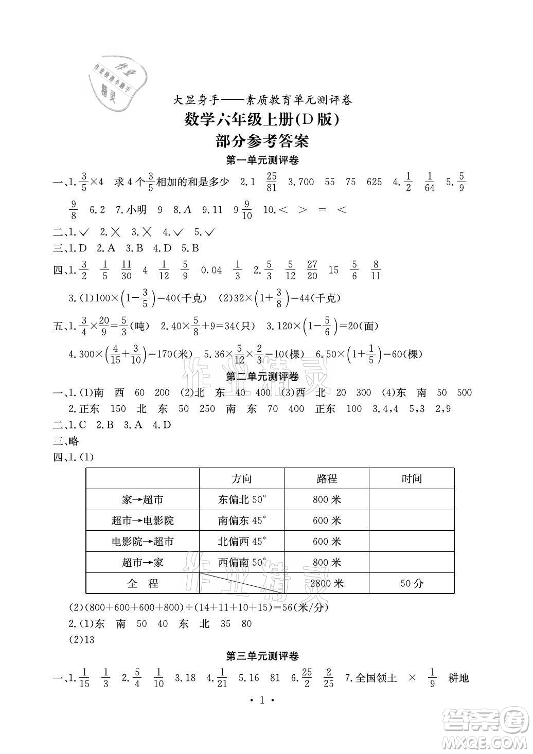 光明日報出版社2021大顯身手素質(zhì)教育單元測評卷數(shù)學(xué)六年級上冊D版人教版答案