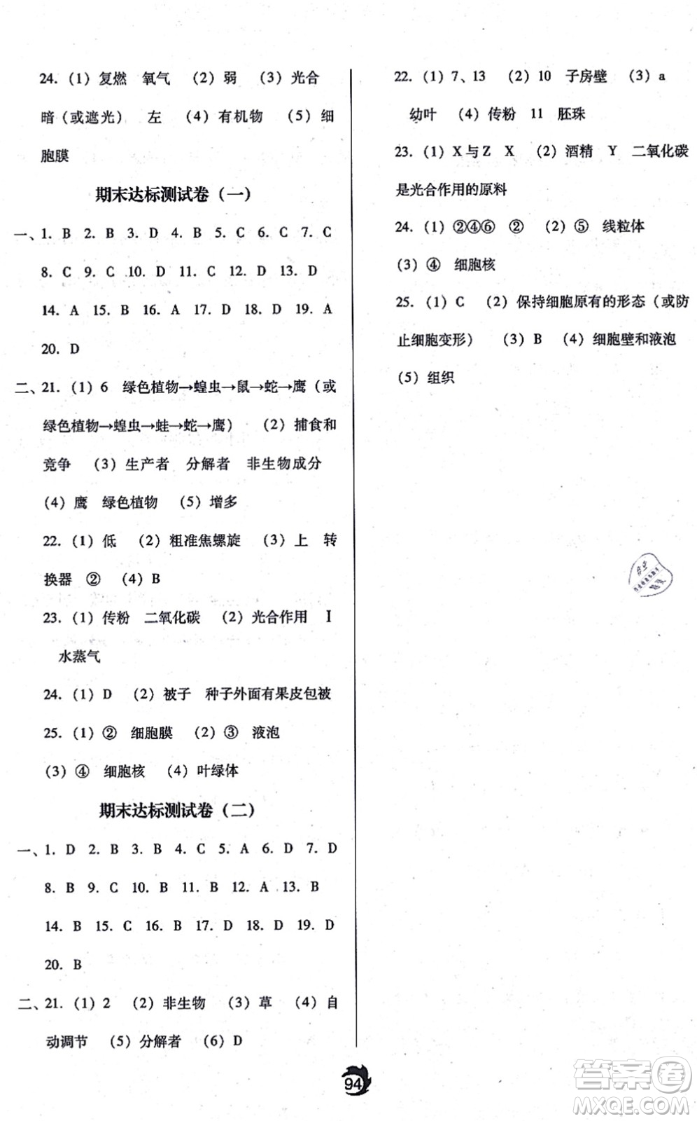 遼海出版社2021隨堂小考七年級生物上冊RJ人教版答案