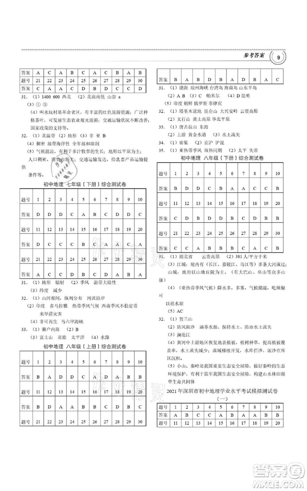 廣州出版社2021導思學案深圳會考八年級地理通用版深圳專版參考答案