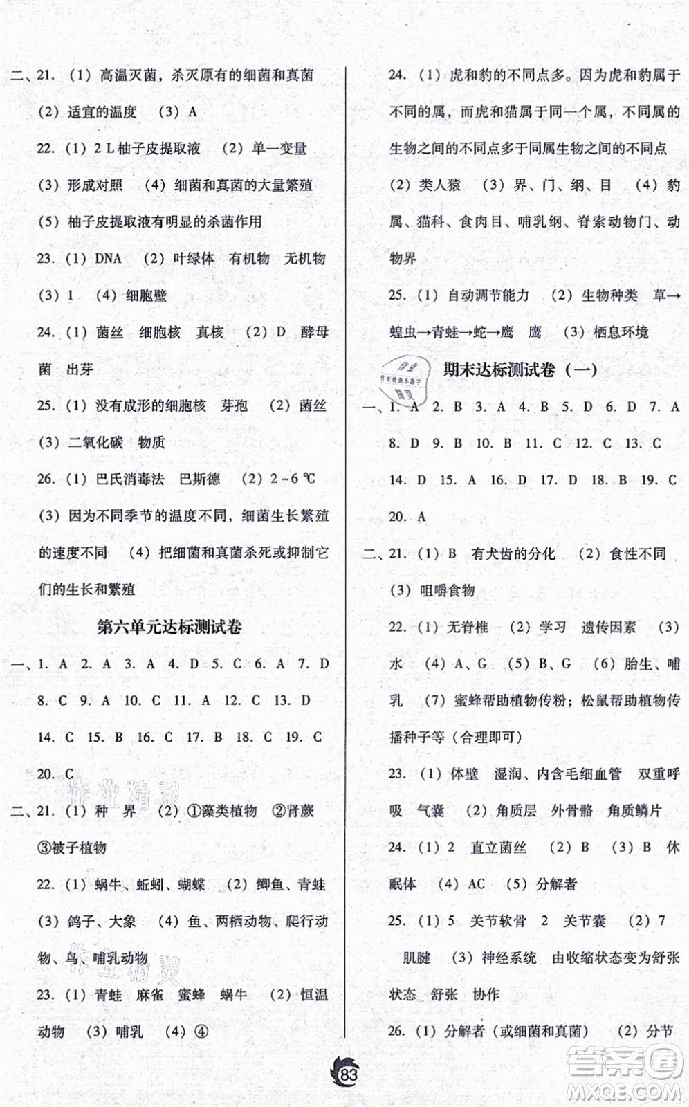 遼海出版社2021隨堂小考八年級(jí)生物上冊(cè)RJ人教版答案