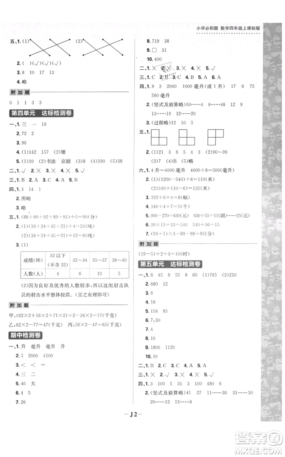 首都師范大學出版社2021小學必刷題四年級上冊數(shù)學蘇教版參考答案