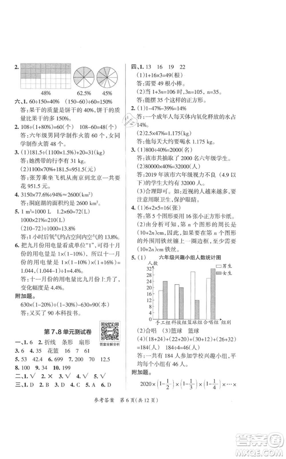 陜西師范大學(xué)出版總社有限公司2021小學(xué)學(xué)霸單元期末標準卷六年級上冊數(shù)學(xué)人教版參考答案