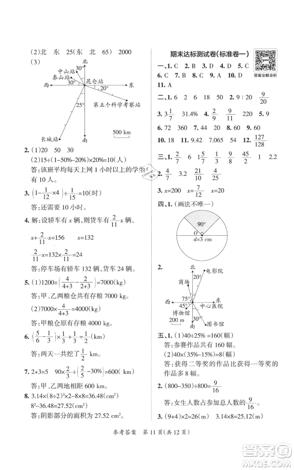 陜西師范大學(xué)出版總社有限公司2021小學(xué)學(xué)霸單元期末標準卷六年級上冊數(shù)學(xué)人教版參考答案