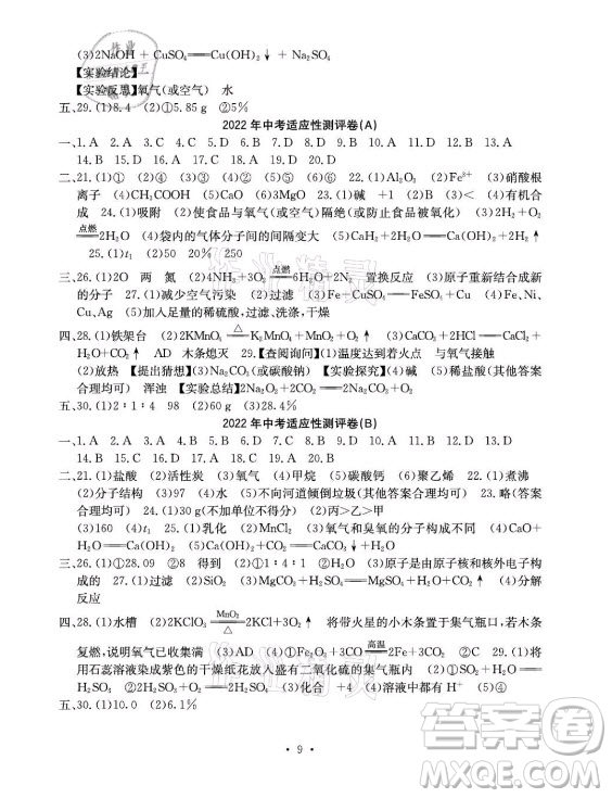 光明日報出版社2021大顯身手素質(zhì)教育單元測評卷化學(xué)九年級全一冊人教版答案