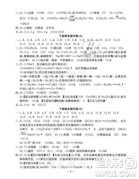 光明日報出版社2021大顯身手素質(zhì)教育單元測評卷化學(xué)九年級全一冊人教版答案