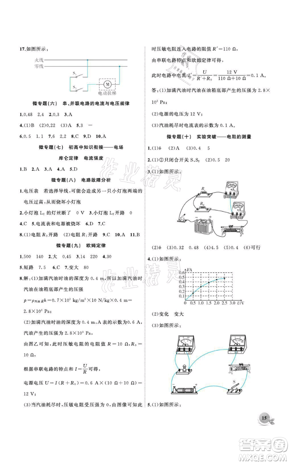 安徽大學(xué)出版社2021創(chuàng)新課堂創(chuàng)新作業(yè)本九年級上冊物理滬科版參考答案