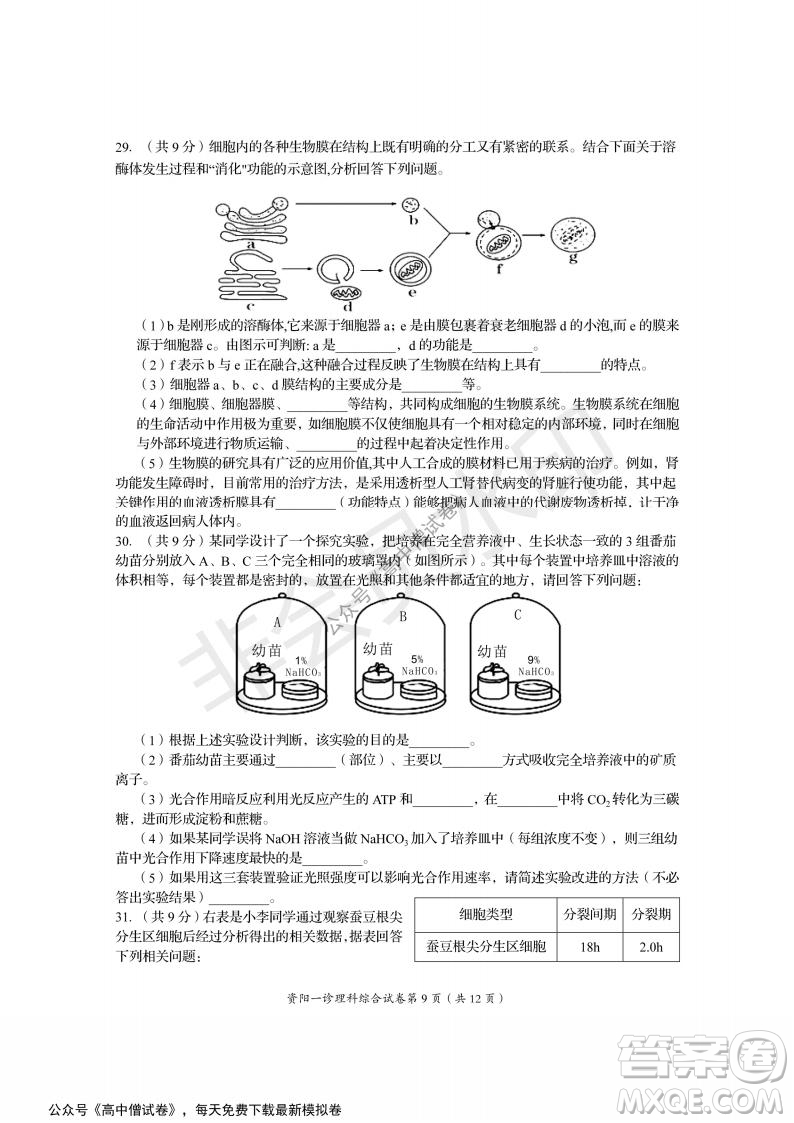 資陽市高中2019級第一次診斷性考試?yán)砭C試題及答案