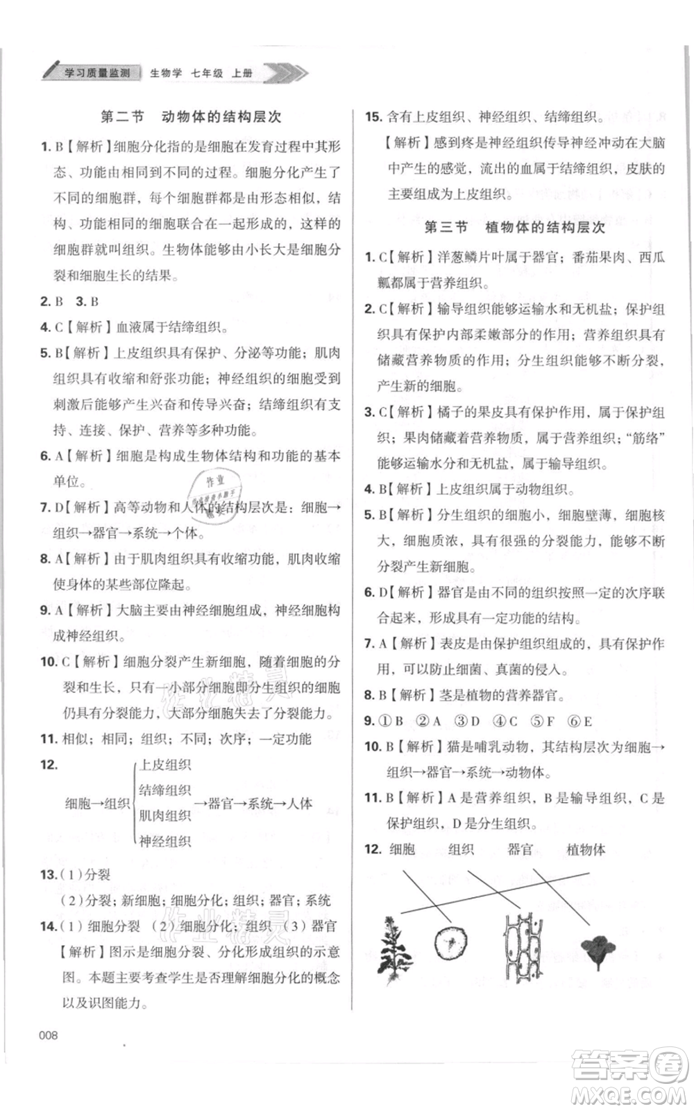 天津教育出版社2021學(xué)習(xí)質(zhì)量監(jiān)測七年級(jí)上冊(cè)生物人教版參考答案