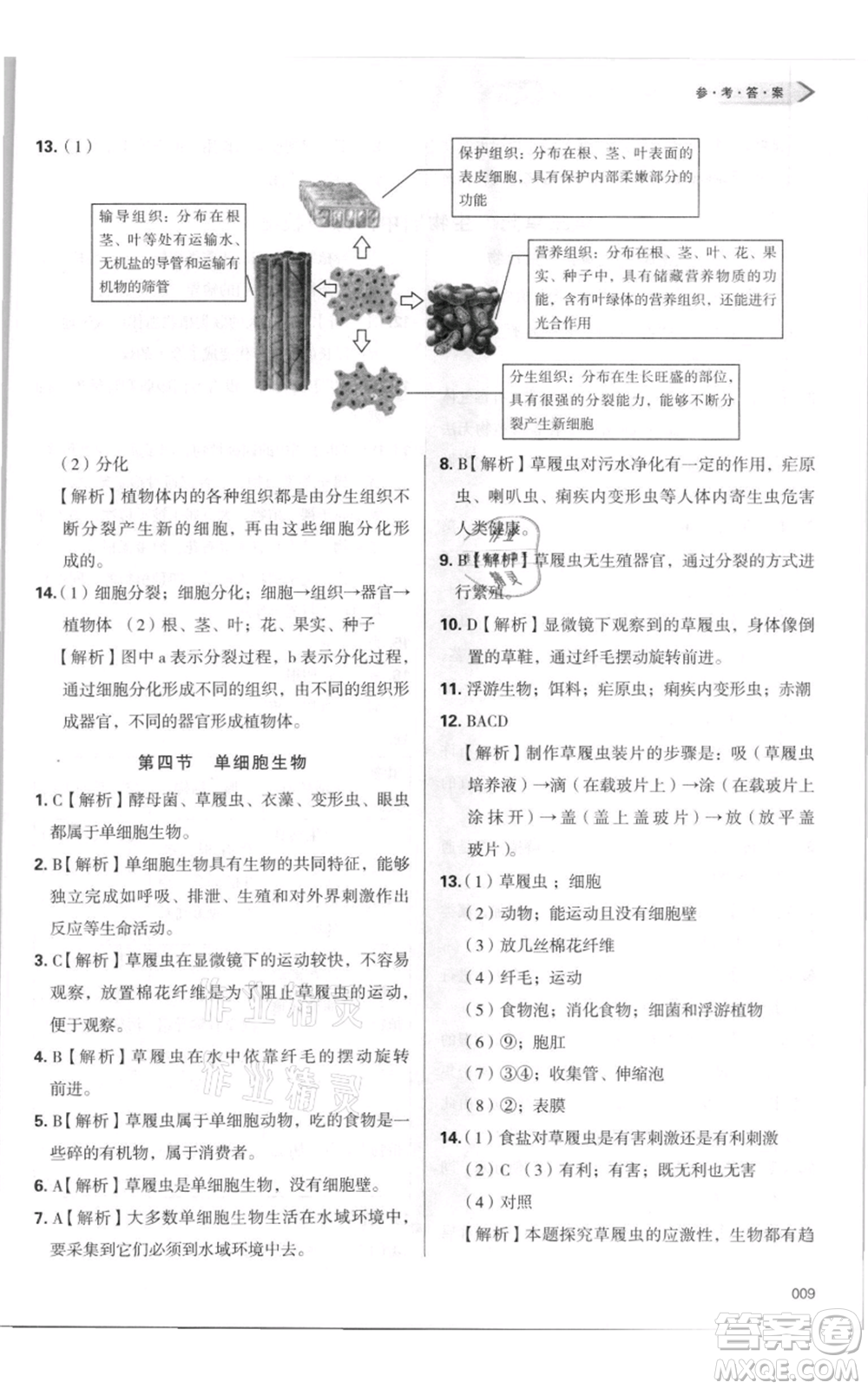 天津教育出版社2021學(xué)習(xí)質(zhì)量監(jiān)測七年級(jí)上冊(cè)生物人教版參考答案