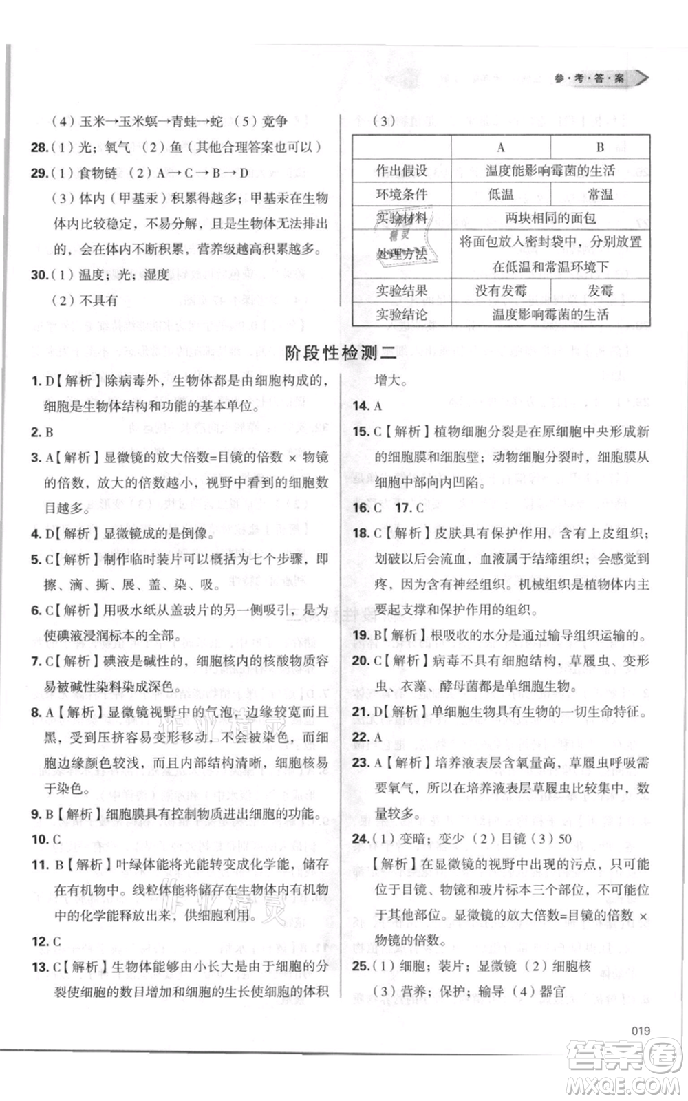 天津教育出版社2021學(xué)習(xí)質(zhì)量監(jiān)測七年級(jí)上冊(cè)生物人教版參考答案