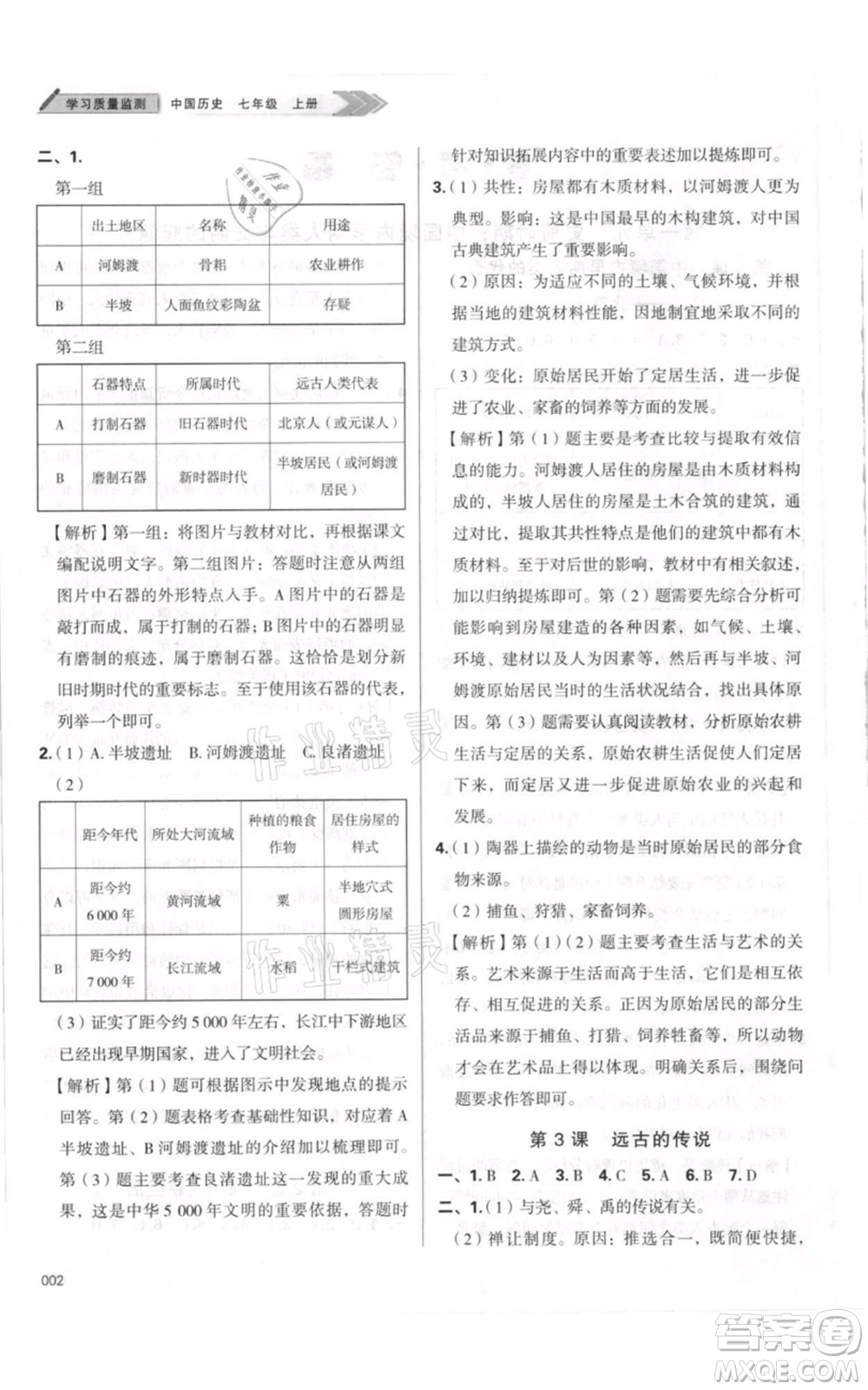 天津教育出版社2021學(xué)習(xí)質(zhì)量監(jiān)測七年級上冊歷史人教版參考答案