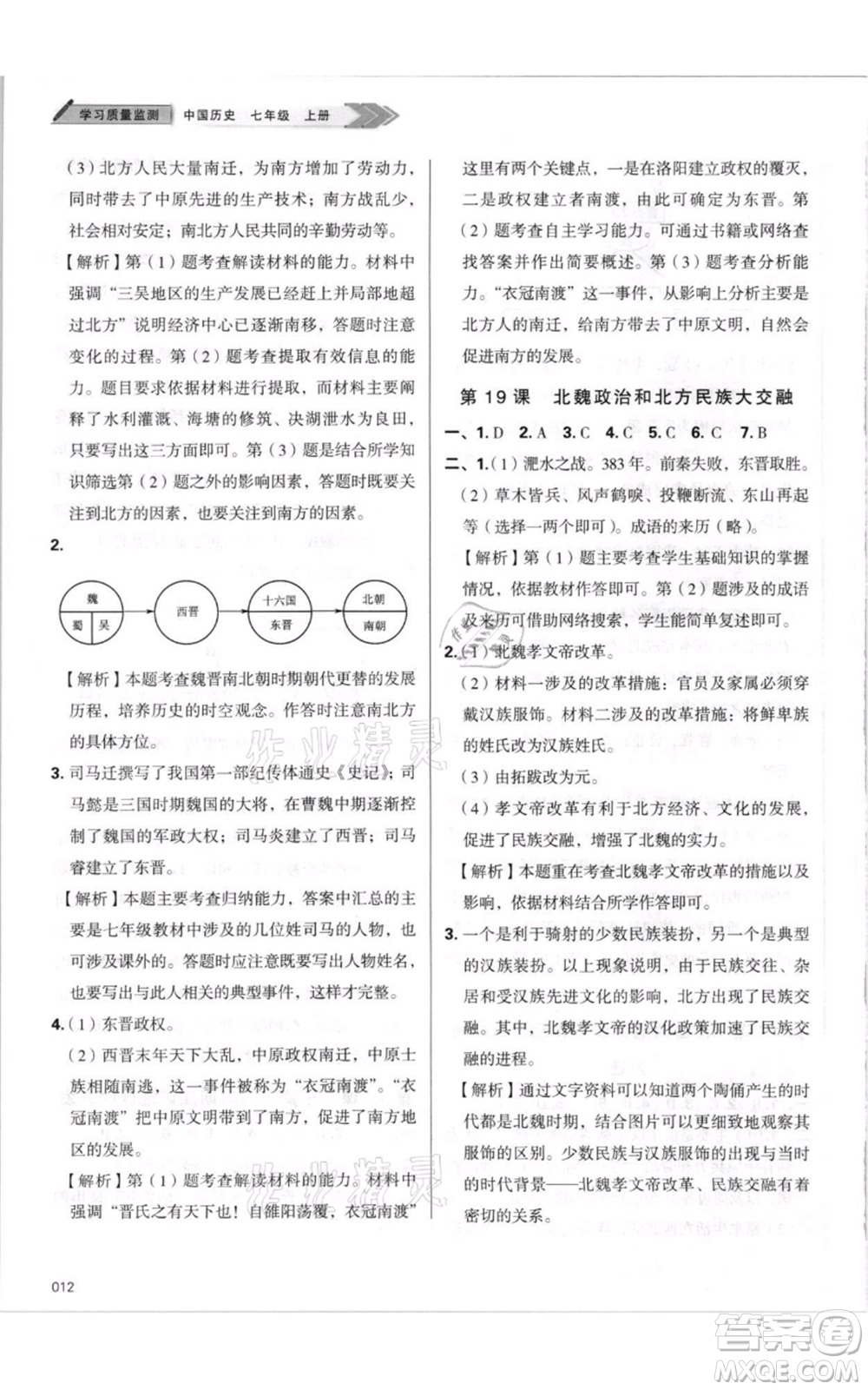 天津教育出版社2021學(xué)習(xí)質(zhì)量監(jiān)測七年級上冊歷史人教版參考答案