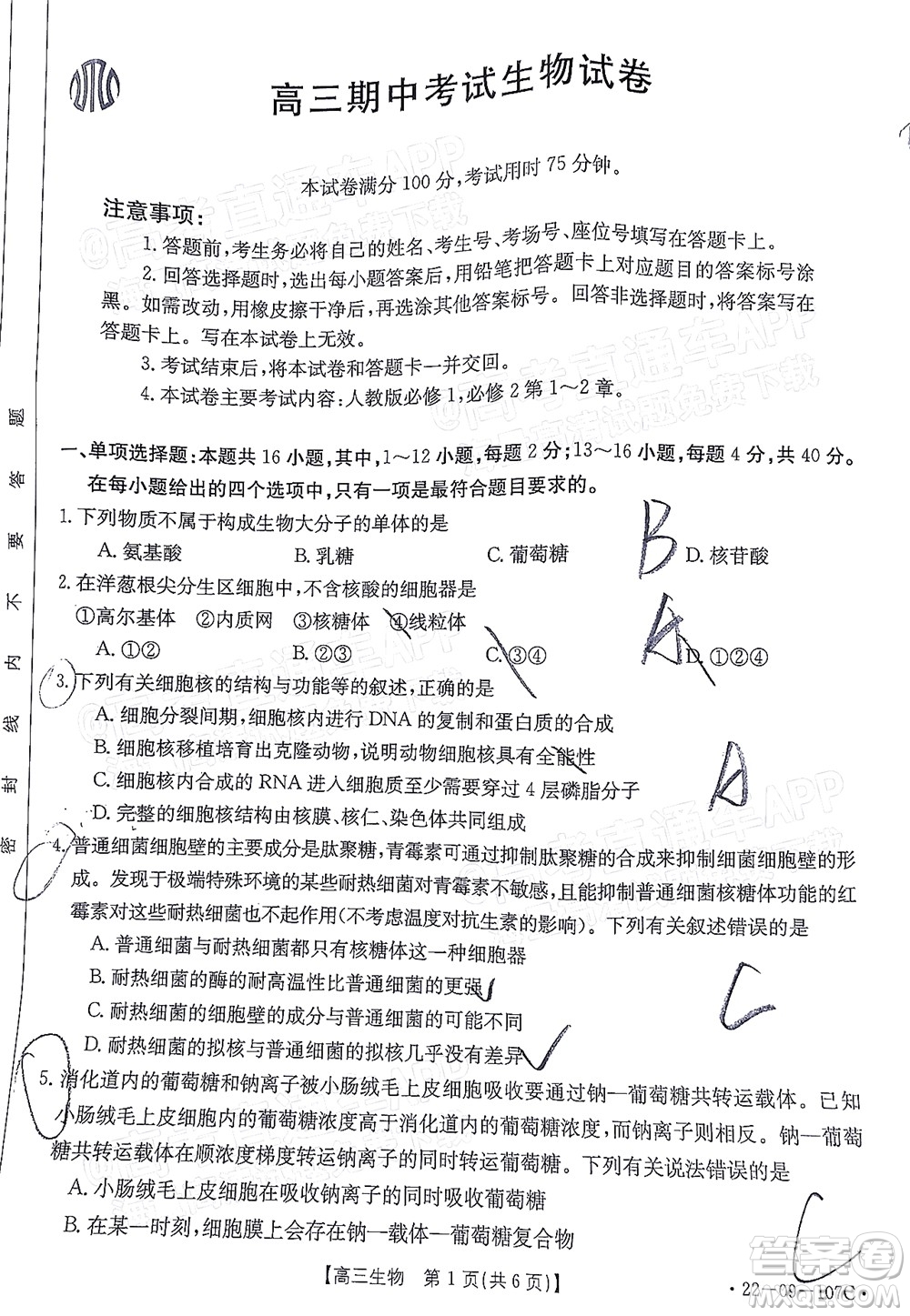 2022屆福建金太陽高三期中考試生物試題及答案