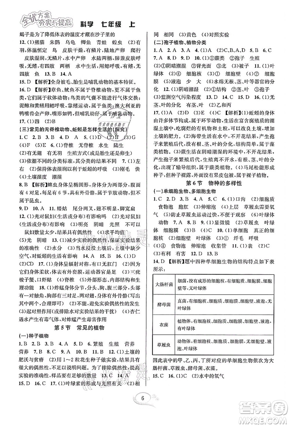 華東師范大學出版社2021全優(yōu)方案夯實與提高七年級科學上冊浙教版答案