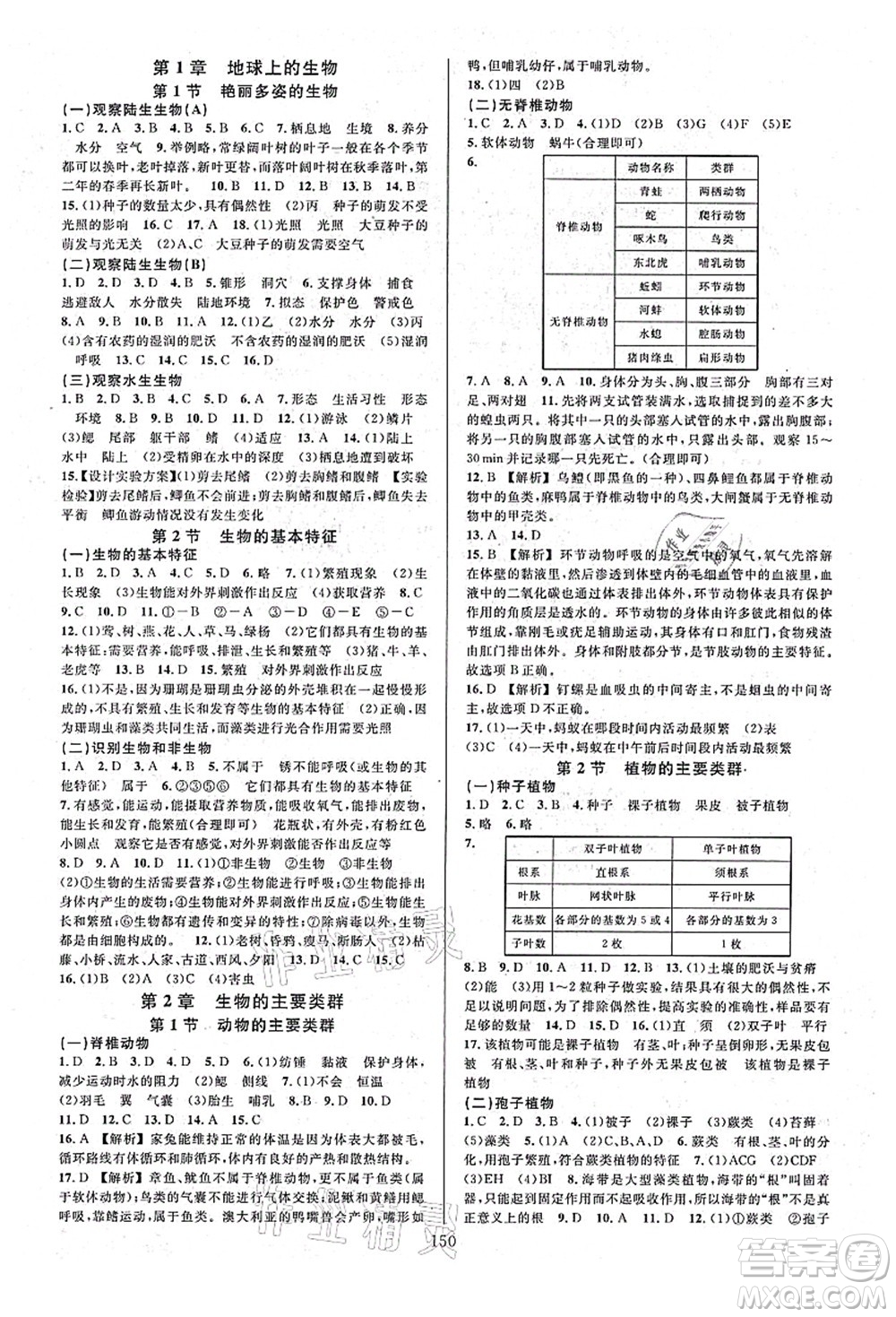 浙江教育出版社2021全優(yōu)方案夯實(shí)與提高七年級(jí)科學(xué)上冊(cè)H華師版答案