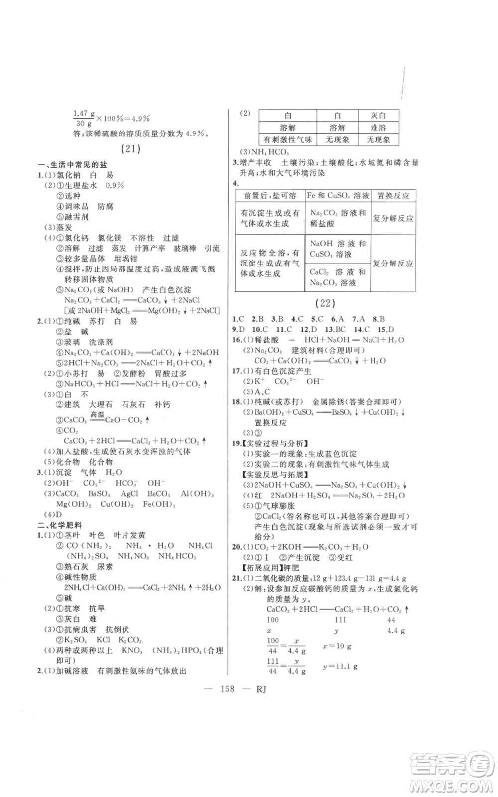 延邊人民出版社2021總復(fù)習(xí)測(cè)試九年級(jí)化學(xué)人教版參考答案