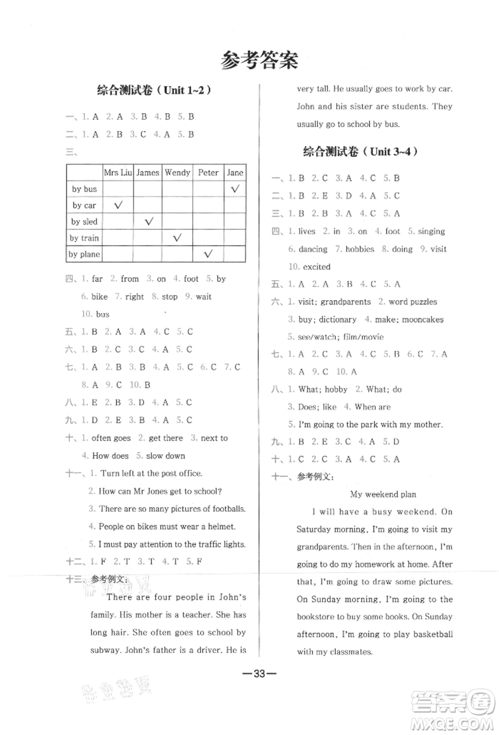 現(xiàn)代教育出版社2021學(xué)而思基本功同步練六年級英語上冊人教版參考答案