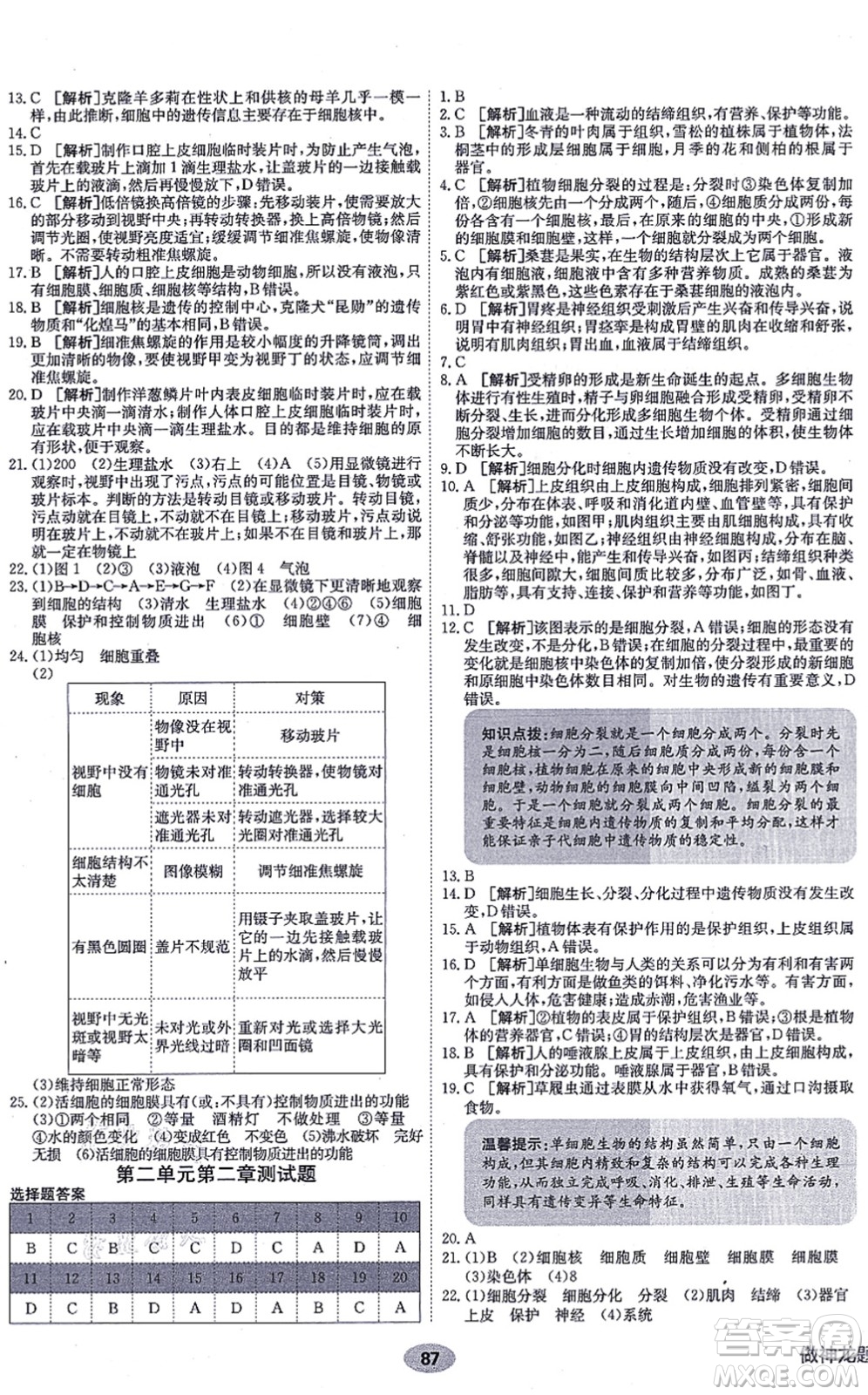 新疆青少年出版社2021海淀單元測試AB卷七年級生物上冊人教版答案