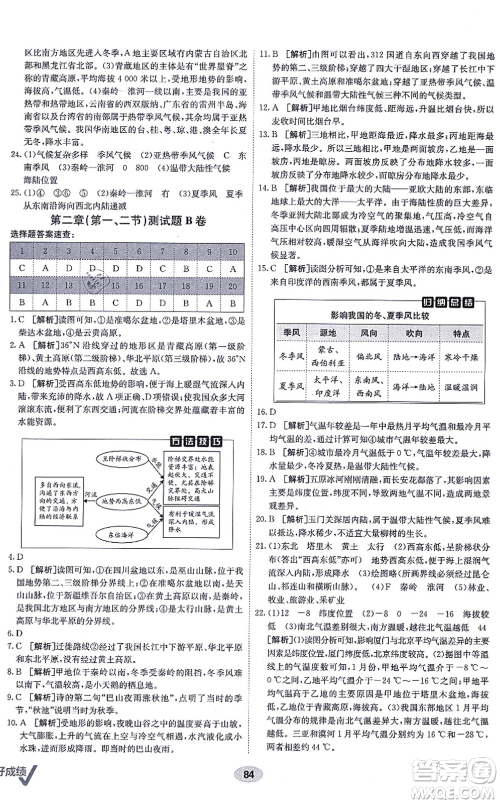 新疆青少年出版社2021海淀單元測(cè)試AB卷八年級(jí)地理上冊(cè)RJ人教版答案