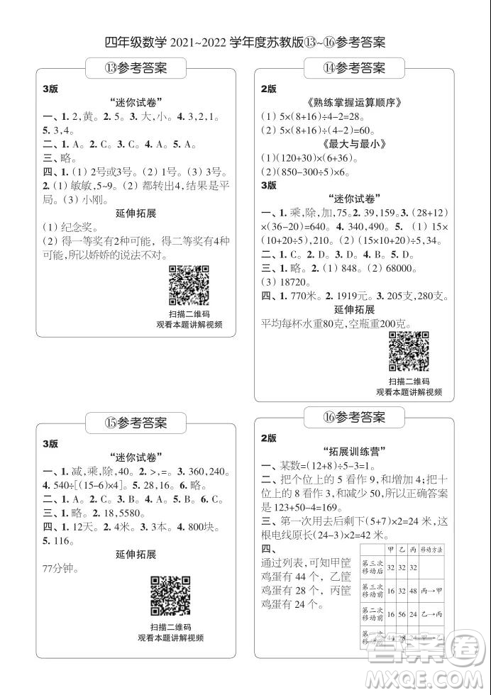 2021年時代學習報四年級上數(shù)學蘇教版9-16期參考答案