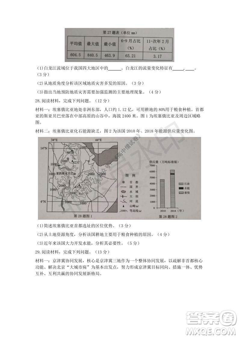 2021年11月溫州市普通高中選考適應(yīng)性測試高三地理試題參考答案