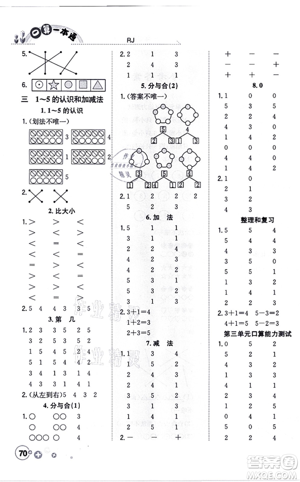 陜西人民教育出版社2021口算一本通一年級數(shù)學(xué)上冊RJ人教版答案