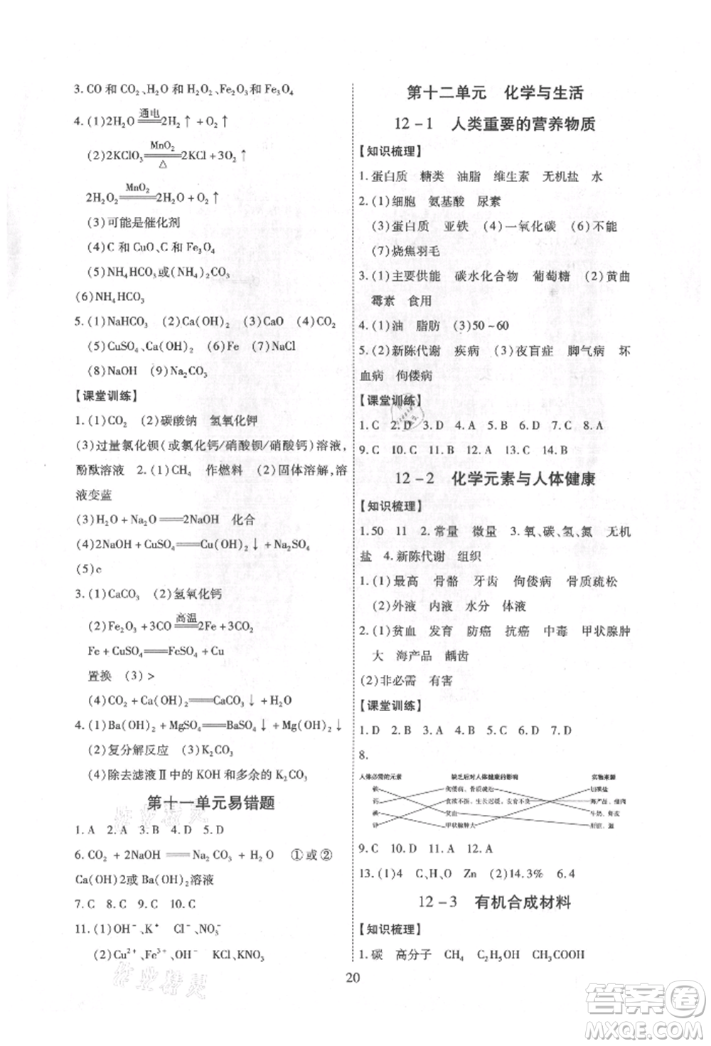 天津科學(xué)技術(shù)出版社2021考點跟蹤同步訓(xùn)練九年級化學(xué)人教版深圳專版參考答案