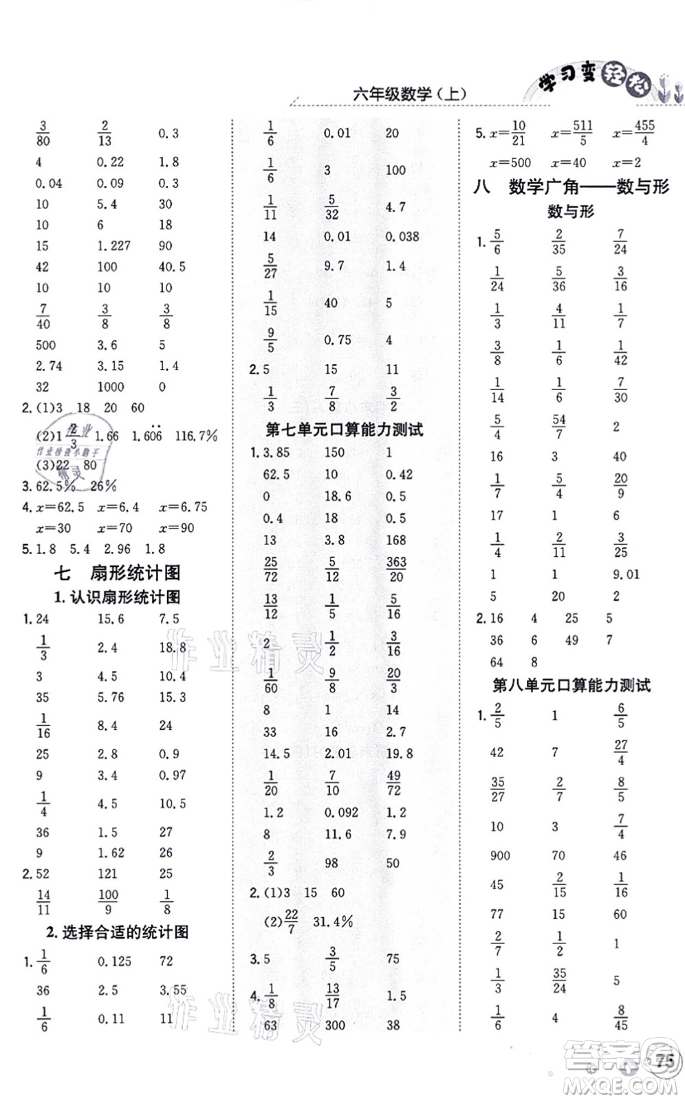 陜西人民教育出版社2021口算一本通六年級(jí)數(shù)學(xué)上冊(cè)RJ人教版答案