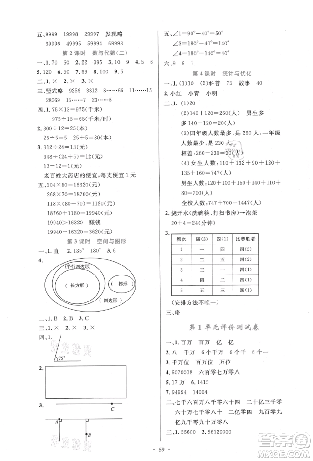 人民教育出版社2021小學(xué)同步測(cè)控優(yōu)化設(shè)計(jì)四年級(jí)上冊(cè)數(shù)學(xué)人教版內(nèi)蒙古專版參考答案