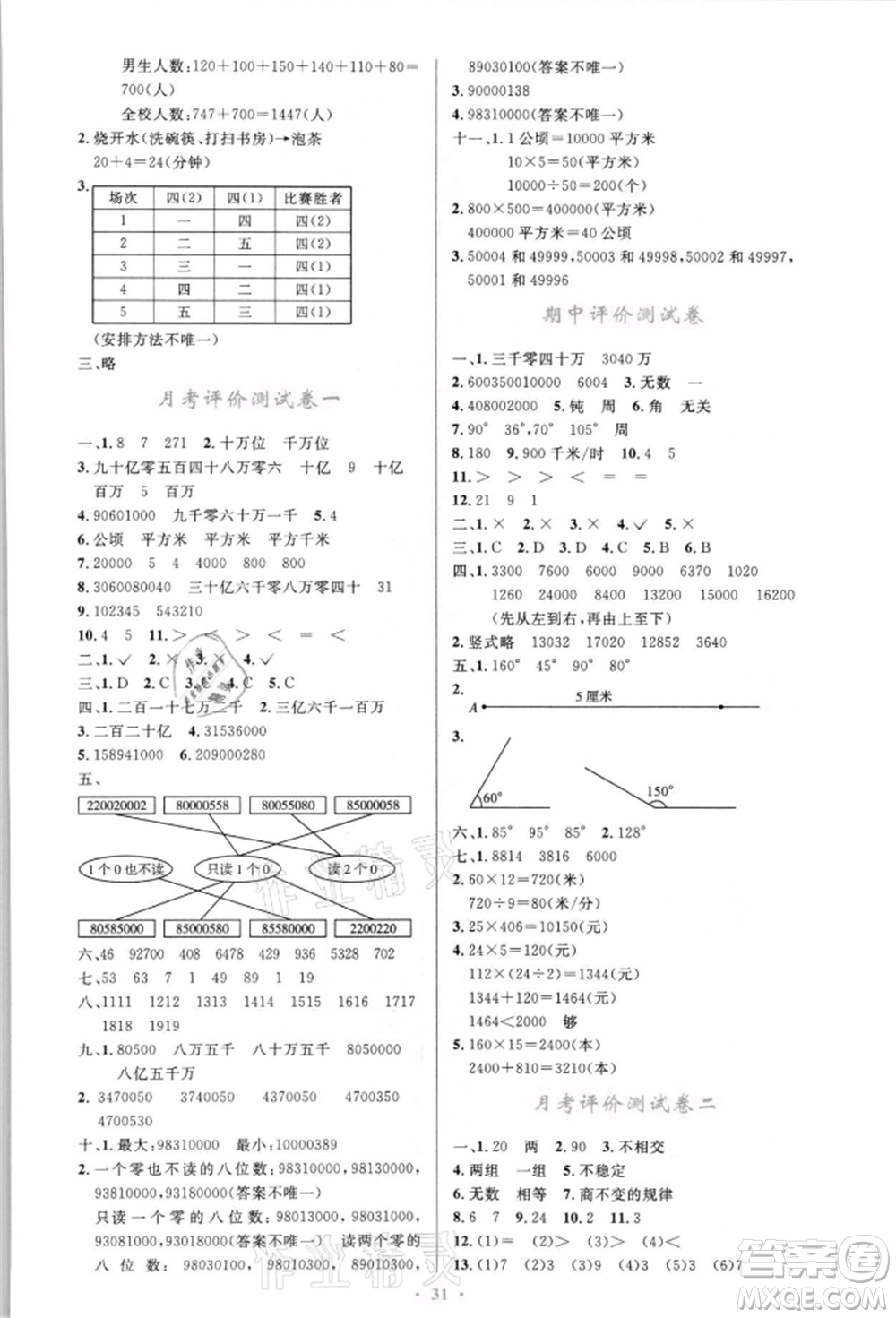 人民教育出版社2021小學(xué)同步測(cè)控優(yōu)化設(shè)計(jì)四年級(jí)上冊(cè)數(shù)學(xué)人教版新疆專(zhuān)版參考答案