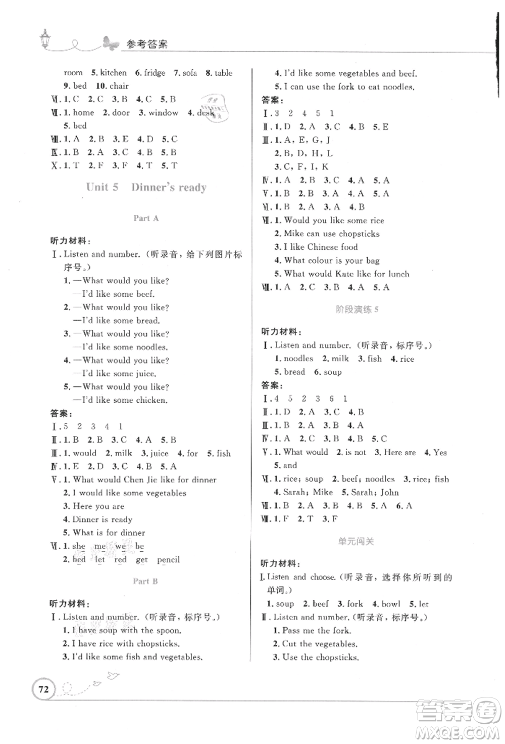 人民教育出版社2021小學(xué)同步測控優(yōu)化設(shè)計(jì)三年級起點(diǎn)四年級英語上冊人教版精編版參考答案