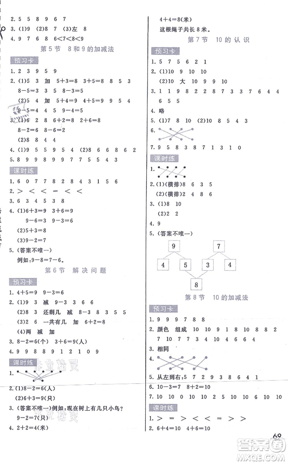 河北教育出版社2021七彩課堂一年級(jí)數(shù)學(xué)上冊(cè)人教版答案