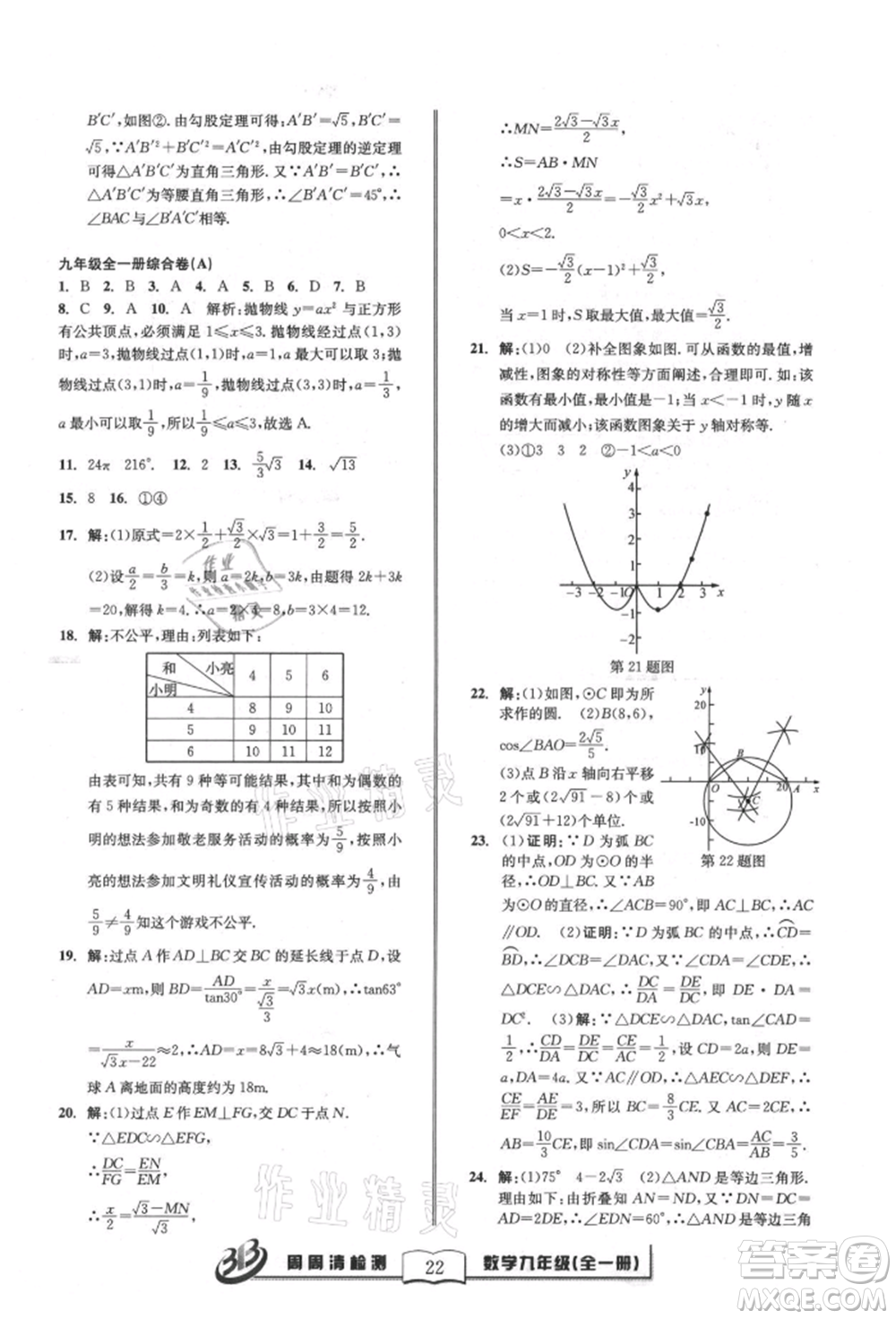 廣東經(jīng)濟(jì)出版社2021周周清檢測(cè)九年級(jí)數(shù)學(xué)浙教版參考答案