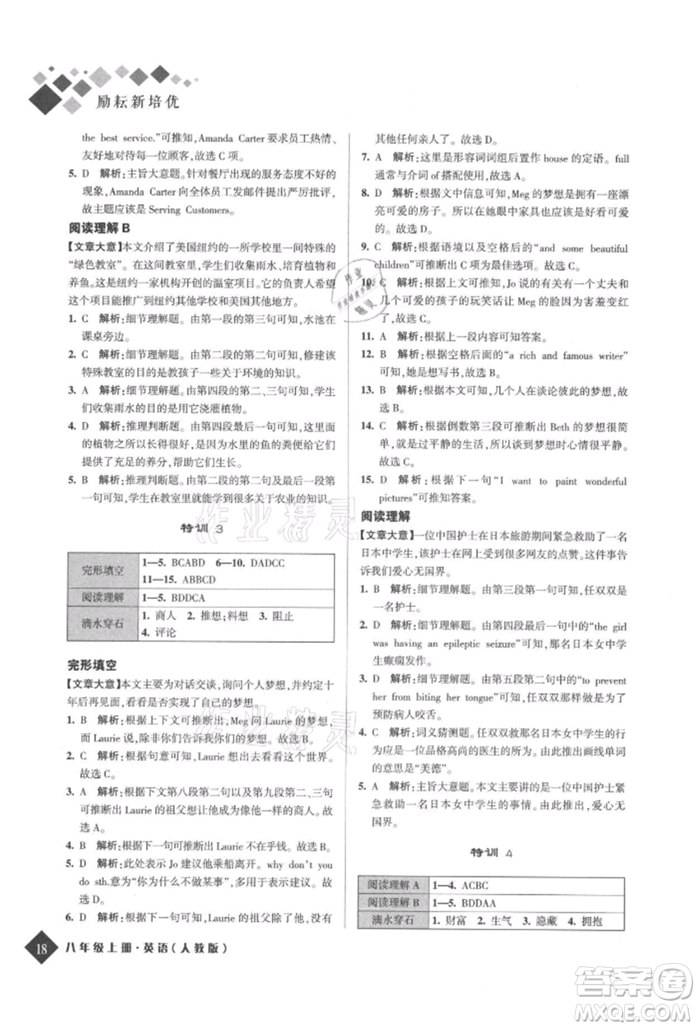 延邊人民出版社2021勵(lì)耘新培優(yōu)八年級(jí)英語上冊(cè)人教版參考答案