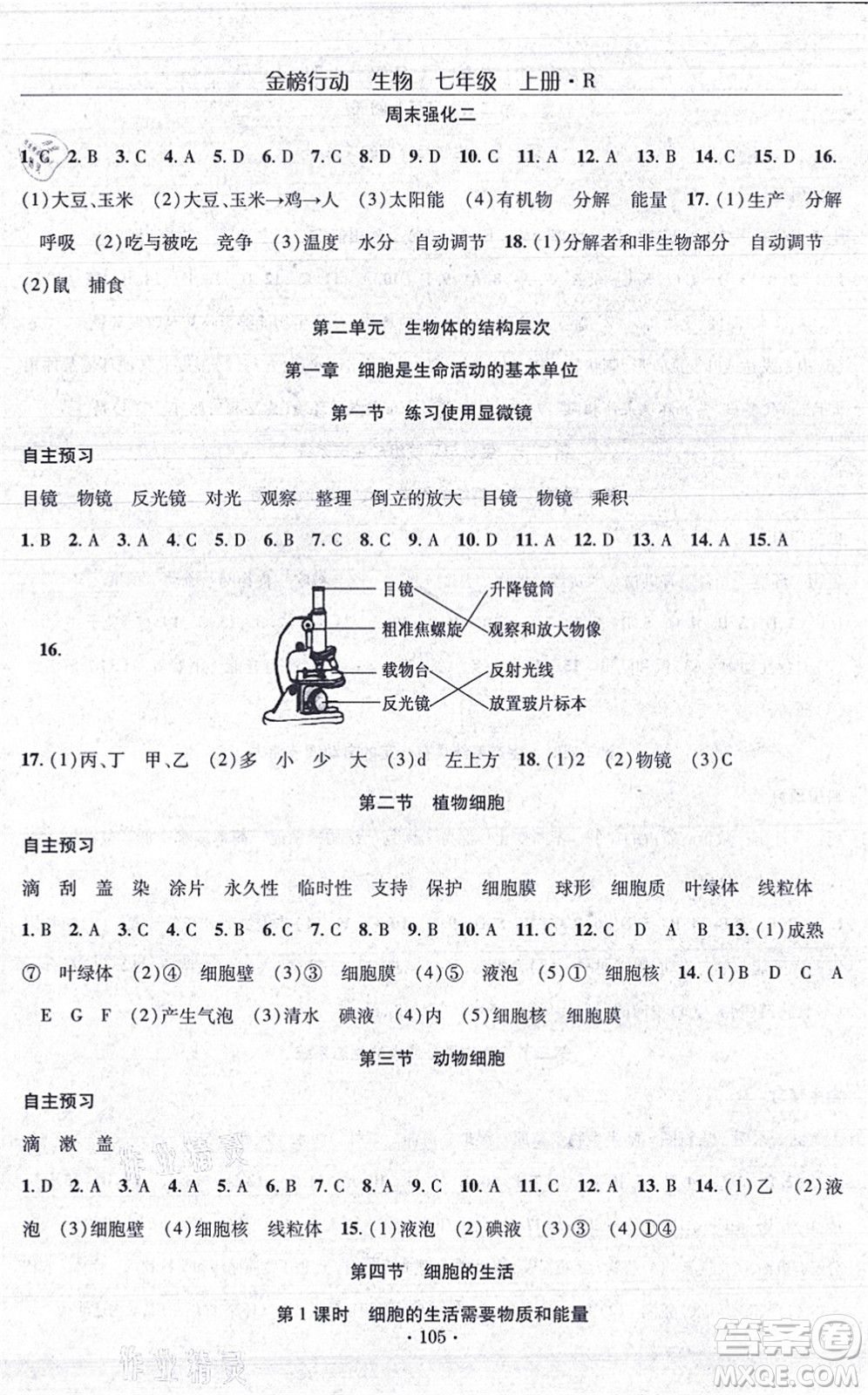 湖北科學(xué)技術(shù)出版社2021金榜行動(dòng)課時(shí)導(dǎo)學(xué)案七年級(jí)生物上冊(cè)R人教版答案