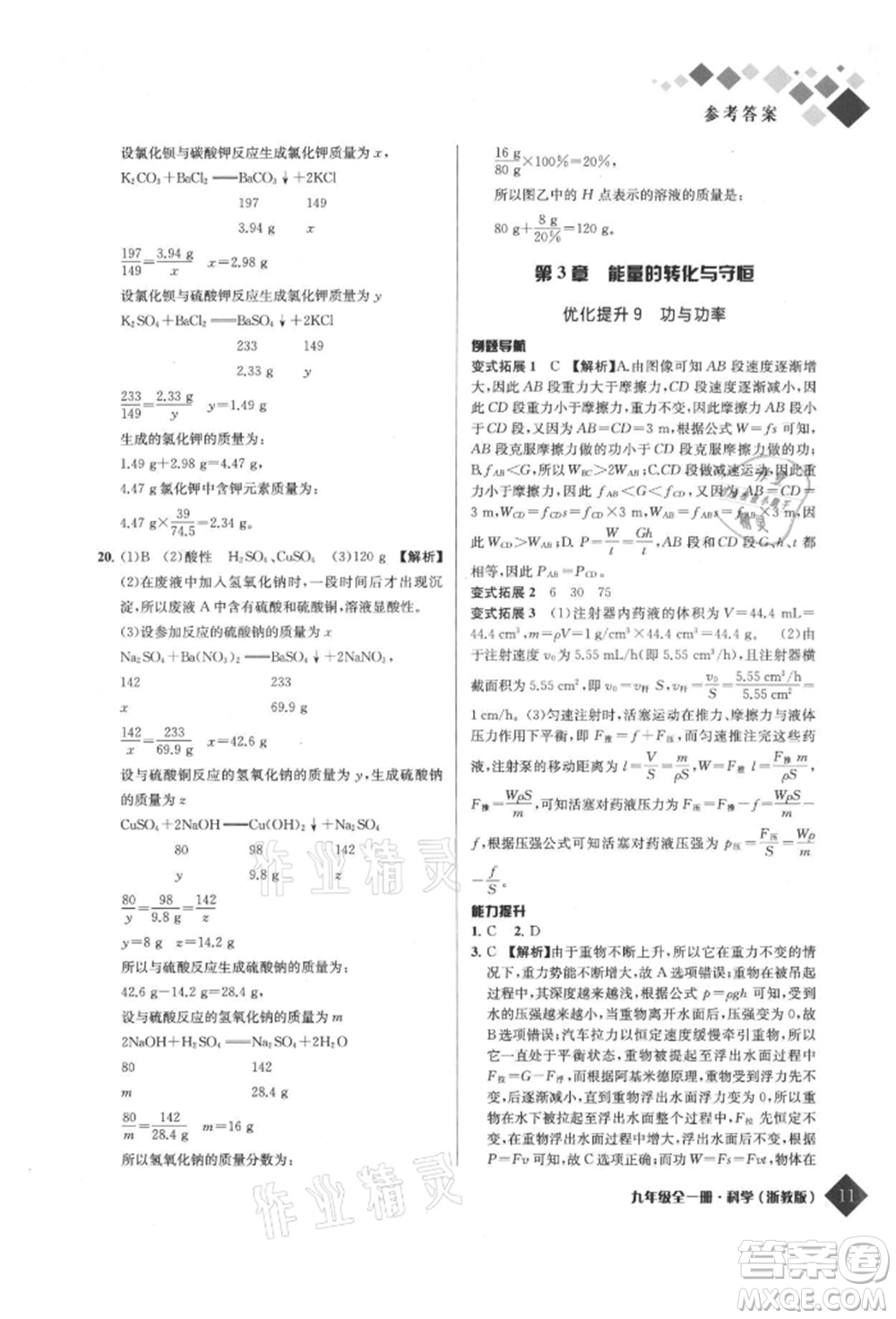 延邊人民出版社2021勵耘新培優(yōu)九年級科學浙教版參考答案