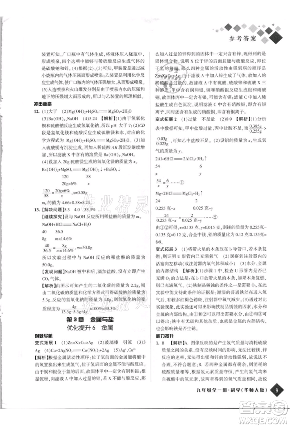 延邊人民出版社2021勵(lì)耘新培優(yōu)九年級科學(xué)華師大版參考答案