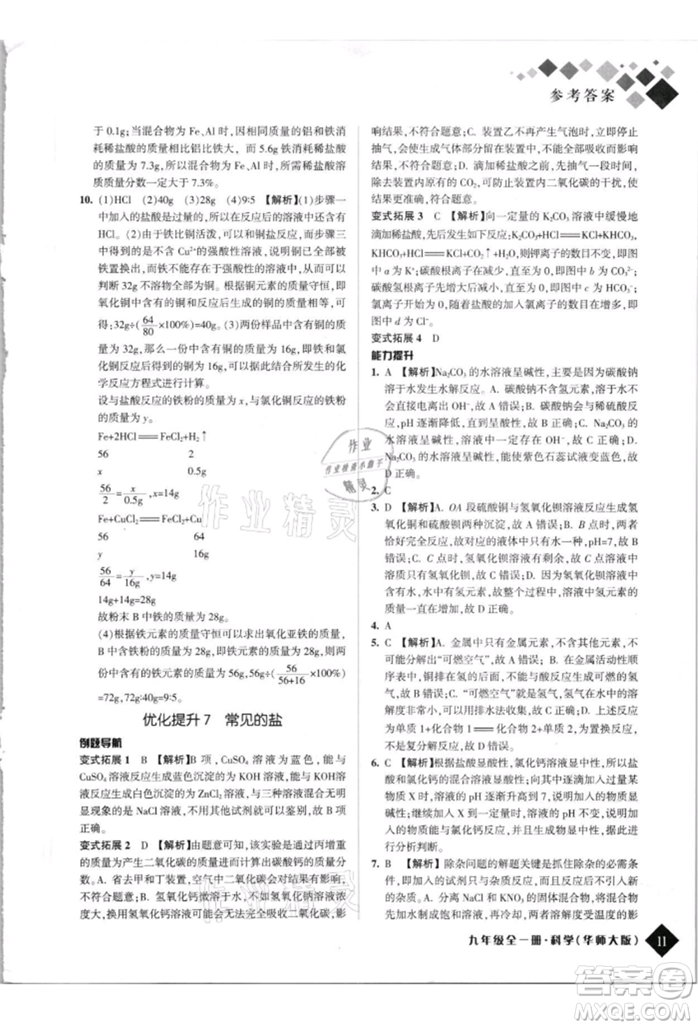 延邊人民出版社2021勵(lì)耘新培優(yōu)九年級科學(xué)華師大版參考答案