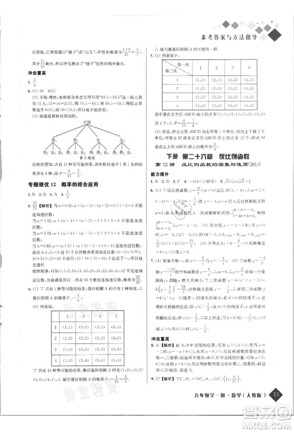 延邊人民出版社2021勵耘新培優(yōu)九年級數(shù)學(xué)人教版參考答案