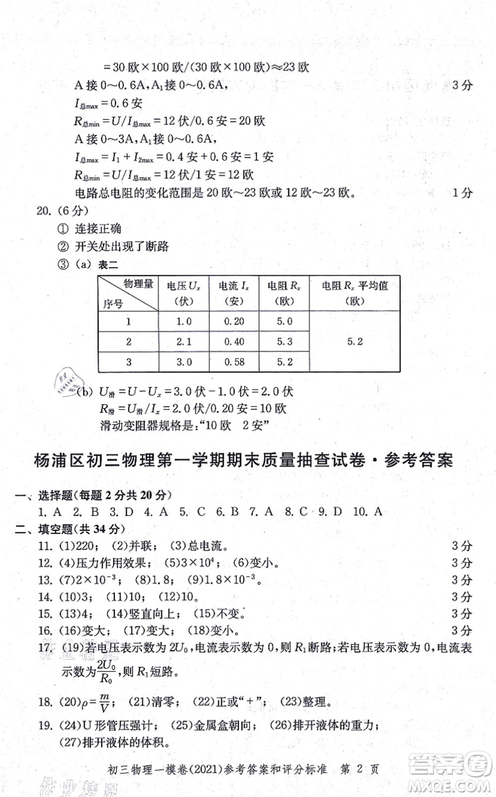 中西書局2021文化課強化訓(xùn)練一模卷九年級物理上冊通用版答案